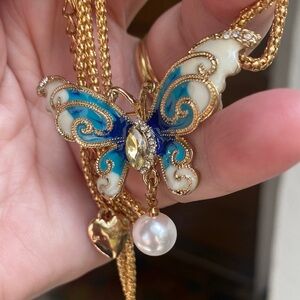 Elegant Gold and Blue Butterfly Pendant Necklace